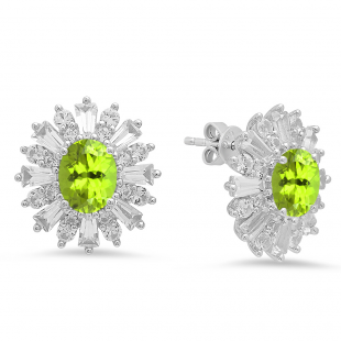 Sterling Silver Oval Cut Peridot Round white sapphire & Taper Cut white topaz Ladies Snowflake Style Fashion Stud Earrings