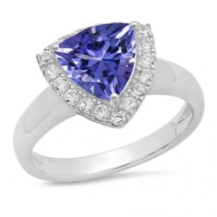 Sterling Silver Trillion Cut Tanzanite & Round White Sapphire Ladies Halo Style Bridal Engagement Ring