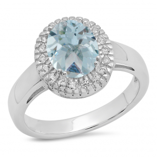 Sterling Silver Oval Cut Aquamarine & Round White Sapphire Ladies Halo Style Bridal Engagement Ring