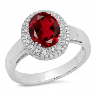 Sterling Silver Oval Cut Garnet & Round White Sapphire Ladies Halo Style Bridal Engagement Ring