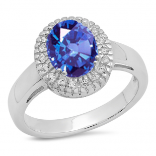 Sterling Silver Oval Cut Tanzanite & Round White Sapphire Ladies Halo Style Bridal Engagement Ring