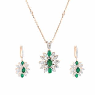 5x3mm Oval, Pear,Baguette & Round White Diamond Flower Cocktail Pendant Necklace and Dangle Earrings Set for Women in 18K Rose Gold