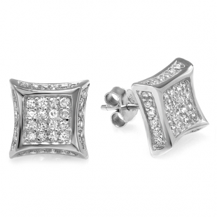 Platinum Plated Sterling Silver CZ Cubic Zirconia Kite Shaped Hip Hop Iced Cube Stud Earrings (9 mm Wide x 3 mm High)