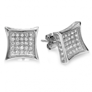 Platinum Plated Sterling Silver CZ Cubic Zirconia Kite Shaped Hip Hop Iced Cube Stud Earrings (9 mm Wide x 3 mm High)