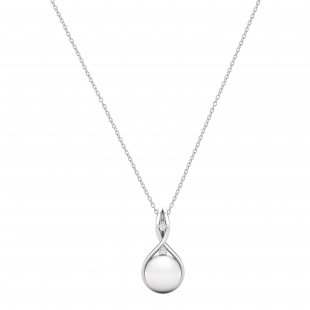Round 8mm Cultured Freshwater Pearl & White Diamond Accent Charm Eternal Twist Pendant with 18 inch Silver Chain for Women in 925 Sterling Silver