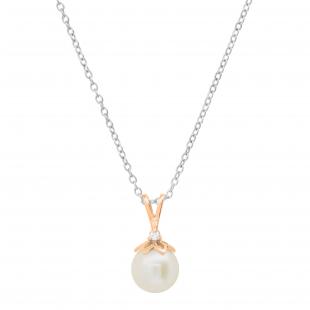Round 8mm Cultured Freshwater Pearl & 0.03 CT White Diamond Solitaire Pendant with 18 inch Silver Chain for Women in 14K Rose Gold