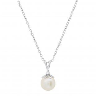 Round 8mm Cultured Freshwater Pearl & 0.03 CT White Diamond Solitaire Pendant with 18 inch Silver Chain for Women in 925 Sterling Silver