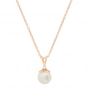 Round 8mm Cultured Freshwater Pearl & 0.03 CT White Diamond Solitaire Pendant with 18 inch Gold Chain for Women in 10K Rose Gold