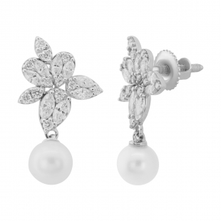 6.50mm each Round Cultured Freshwater Pearl & Marquise, Round White Diamond Dangling Earrings for Her in 925 Sterling Silver in Screw Back