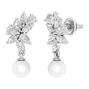 5.00mm each Round Cultured Freshwater Pearl & Marquise, Pear White Diamond Dangling Earrings for Her in 925 Sterling Silver in Screw Back