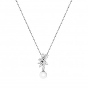 6mm Round Cultured Freshwater Pearl & Pear, Marquise White Diamond Dangle Pendant Necklace for Women in 925 Sterling Silver