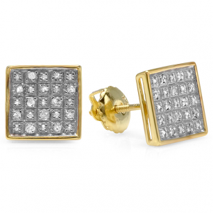 0.25 Carat (ctw) Round Diamond Square Mens Hip Hop Iced Stud Earrings 1/4 CT 18K Yellow Gold Plated Sterling Silver