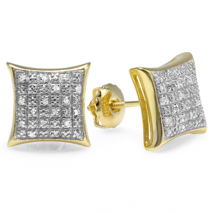 0.25 Carat (ctw) 18K Yellow Gold Plated Sterling Silver Diamond Kite Shape Domed Mens Hip Hop Iced Stud Earrings 1/4 CT