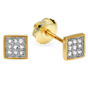 0.10 Carat (ctw) 18K Yellow Gold Plated Sterling Silver Round Diamond 5mm Square Shape Mens Hip Hop Iced Stud Earrings