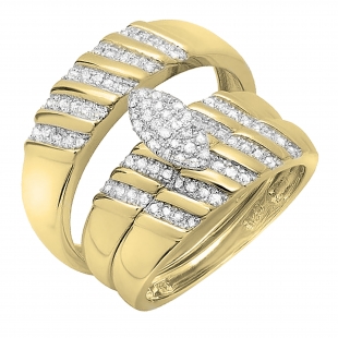 0.35 Carat (ctw) 18K Yellow Gold Plated Sterling Silver Round White Diamond Men & Womens Micro Pave Engagement Ring Trio Bridal Set 1/3 CT