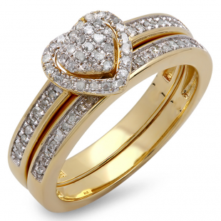 0.25 Carat (ctw) 14k Yellow Gold White Diamond Ladies Heart Bridal Engagement Ring Set 1/4 CT