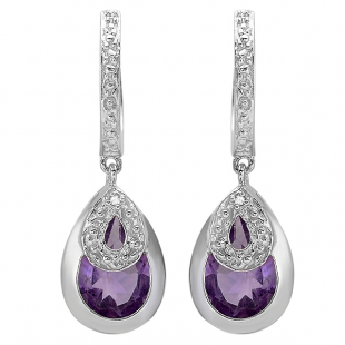 2.50 Carat (ctw) Sterling Silver Round Diamond Tear Drop Purple Amethyst Ladies Dangling Hoop Earrings 2 1/2 CT