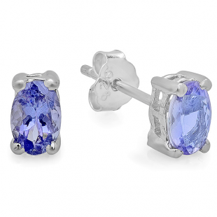 1.00 Carat (ctw) Sterling Silver Oval Blue Tanzanite Ladies Stud Earrings 1 CT