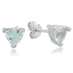 1.12 Carat (ctw) Sterling Silver Trilliant Cut Genuine Blue Topaz Basket Setting Stud Earrings