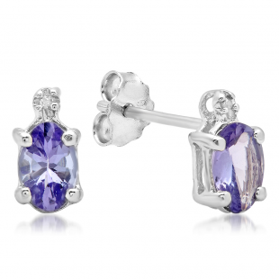 0.99 Carat (ctw) Sterling Silver Oval & Round Cut Genuine Blue Tanzanite & White Diamond Ladies Stud Earrings 1 CT