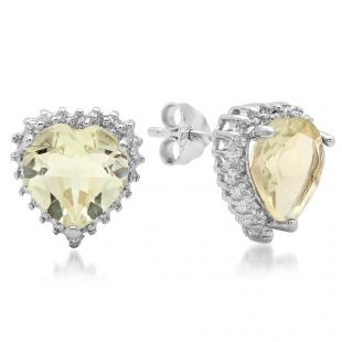 3.26 Carat (ctw) Sterling Silver Heart & Round Cut Genuine Green Amethyst & White Diamond Ladies Stud Earrings