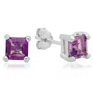 1.25 Carat (ctw) Sterling Silver Square Cut Genuine Purple Amethyst Basket Setting Stud Earrings 1 1/4 CT