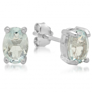 1.31 Carat (ctw) Sterling Silver Oval Cut Genuine Blue Aquamarine Basket Setting Stud Earrings