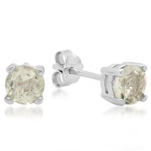 0.98 Carat (ctw) Sterling Silver Round Cut Genuine Green Amethyst Basket Setting Stud Earrings 1 CT