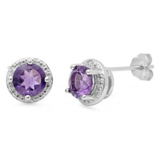 1.42 Carat (ctw) Sterling Silver Round Cut Amethyst & White Diamond Ladies Halo Stud Earrings