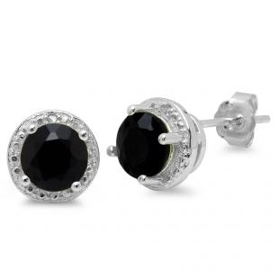 2.12 Carat (ctw) Sterling Silver Round Cut Black Sapphire & White Diamond Ladies Halo Stud Earrings