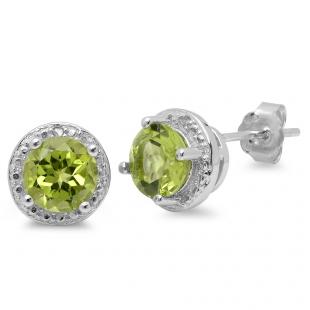 1.72 Carat (ctw) Sterling Silver Round Cut Peridot & White Diamond Ladies Halo Stud Earrings
