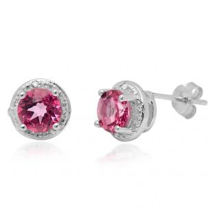 2.02 Carat (ctw) Sterling Silver Round Cut Pink Topaz & White Diamond Ladies Halo Stud Earrings