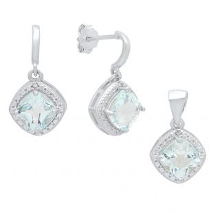 Sterling Silver Cushion Cut Blue Topaz & White Diamond Accent Ladies Dangling Earring & Pendant Set