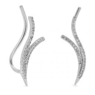 0.09 Carat (ctw) 14K White Gold Round Cut White Diamond Ladies Double Row Crawler Climber Earrings