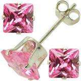Sterling Silver 4mm Pink Diamond CZ Cubic Zirconia Square Stud Earrings