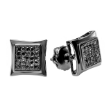 0.15 Carat (ctw) Black Rhodium Plated Sterling Silver Black Real Diamond Kite Shape Mens Hip Hop Iced Stud Earrings