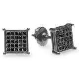 0.15 Carat (ctw) Black Rhodium Plated Sterling Silver Black Round Diamond Micro Pave Square Shape Hip Hop Iced Stud Earrings