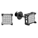 0.10 Carat (ctw) Black Rhodium Plated 14K White Gold Real Diamond V Prong Square Mens Hip Hop Iced Stud Earrings 1/10 CT