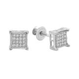 Round White Diamond Square Shape Screwback Unisex Stud Earrings (0.10 ctw, Color I-J, Clarity I2-I3) in 925 Sterling Silver