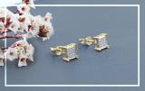 Round White Diamond Square Shape Unisex Stud Earrings (0.10 ctw, Color I-J, Clarity I2-I3) in Yellow Plated 925 Sterling Silver in Push Back