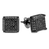 1.00 Carat (ctw) Black Rhodium Plated Sterling Silver Black Diamond Dice Shape Ice Cube Mens Hip Hop Iced Stud Earrings