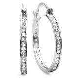 2.00 CT Sterling Silver Round Eternity CZ Cubic Zirconia Ladies Rhodium Plated Hoop Earrings (1.25 inch 2.7mm wide)