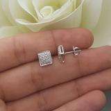 0.10 Carat (ctw) Platinum Plated Sterling Silver Real Diamond Square Shape Mens Hip Hop Iced Stud Earrings 1/10 CT