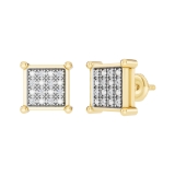 0.10 Carat Round White Diamond 8mm Square Hip Hop Iced Out Studs in 10K Yellow Gold, Screw Back, Unisex Design Ladies, Mens Real Diamond Earrings