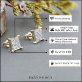0.10 Carat Round White Diamond 8mm Square Hip Hop Iced Out Studs in 10K Yellow Gold, Screw Back, Unisex Design Ladies, Mens Real Diamond Earrings