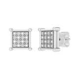 0.10 Carat Round White Diamond 8mm Square Hip Hop Iced Out Studs in 925 Sterling Silver, Push Back, Unisex Design Ladies, Mens Real Diamond Earrings