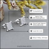 0.10 Carat Round White Diamond 8mm Square Hip Hop Iced Out Studs in 925 Sterling Silver, Push Back, Unisex Design Ladies, Mens Real Diamond Earrings