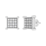 0.10 Carat Round White Diamond 8mm Square Hip Hop Iced Out Studs in 925 Sterling Silver, Screw Back, Unisex Design Ladies, Mens Real Diamond Earrings