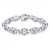 14K White Gold Oval 4X6 MM Pink Sapphire & Round White Diamond Ladies Tennis Bracelet