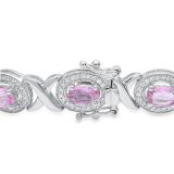 14K White Gold Oval 4X6 MM Pink Sapphire & Round White Diamond Ladies Tennis Bracelet